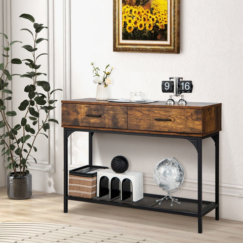 Stylish Multi Use Entryway Console Table with Industrial Design in Rustic Brown