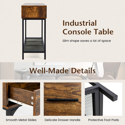 Stylish Multi Use Entryway Console Table with Industrial Design in Rustic Brown