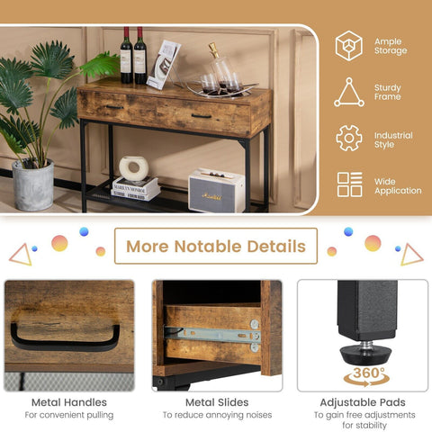 Modern Entryway Console Table with Industrial Design and Storage Drawers in Rustic Brown