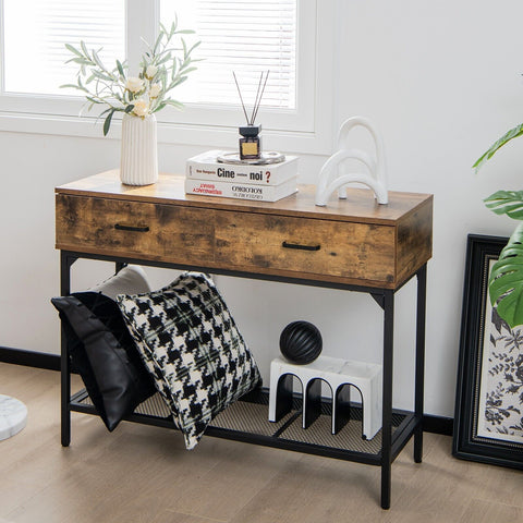 Modern Entryway Console Table with Industrial Design and Storage Drawers in Rustic Brown