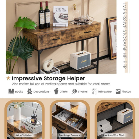 Modern Entryway Console Table with Industrial Design and Storage Drawers in Rustic Brown