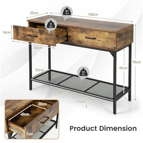 Modern Entryway Console Table with Industrial Design and Storage Drawers in Rustic Brown