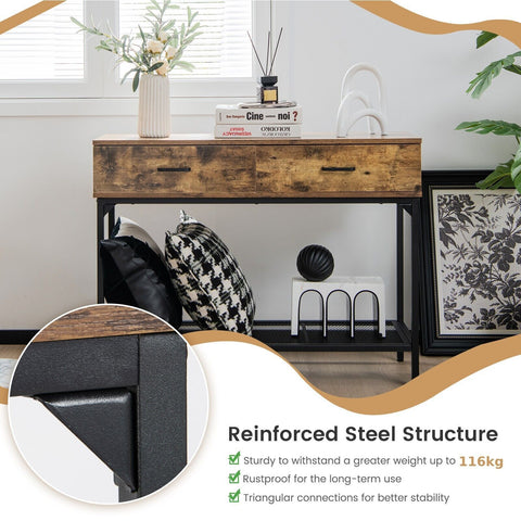 Modern Entryway Console Table with Industrial Design and Storage Drawers in Rustic Brown