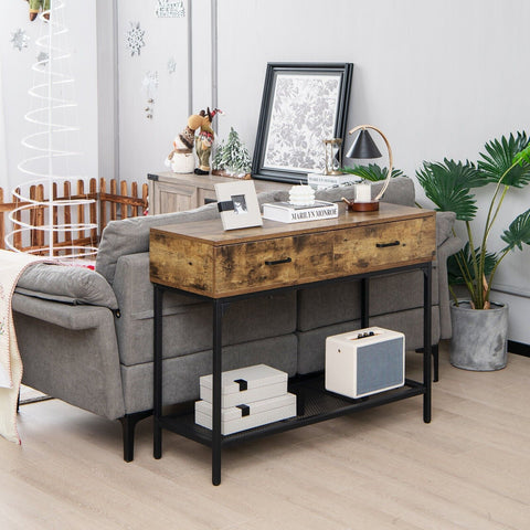 Modern Entryway Console Table with Industrial Design and Storage Drawers in Rustic Brown