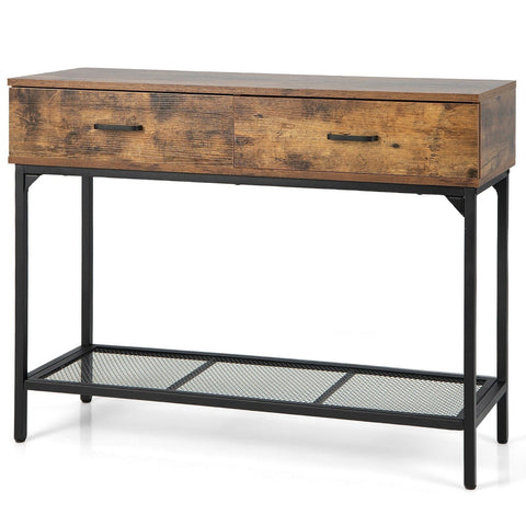 Modern Entryway Console Table with Industrial Design and Storage Drawers in Rustic Brown