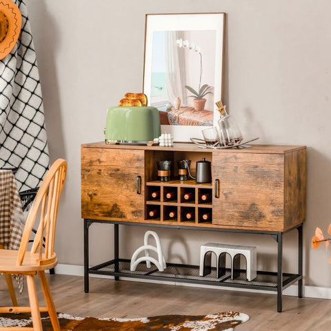 Rustic Freestanding Kitchen Cabinet with Integrated Wine Rack in Rustic Brown