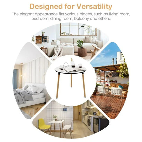 Simple and Versatile Faux Marble Round Table wih Sturdy Wooden Legs in White
