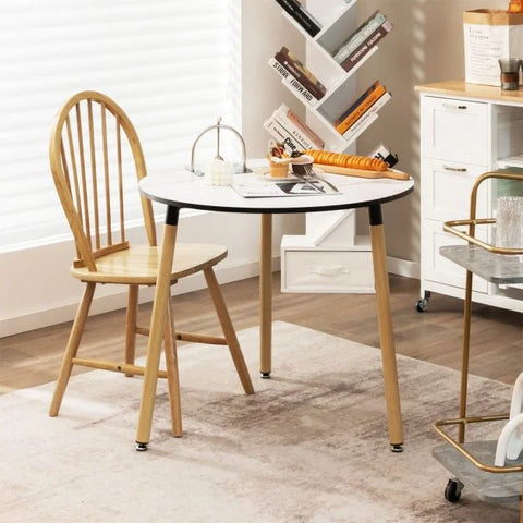 Simple and Versatile Faux Marble Round Table wih Sturdy Wooden Legs in White