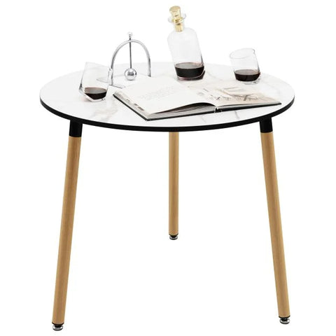 Simple and Versatile Faux Marble Round Table wih Sturdy Wooden Legs in White