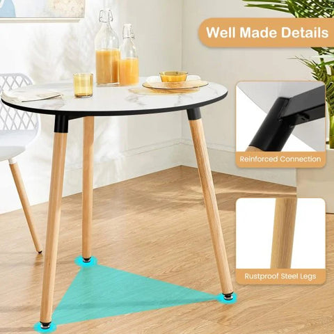 Simple and Versatile Faux Marble Round Table wih Sturdy Wooden Legs in White