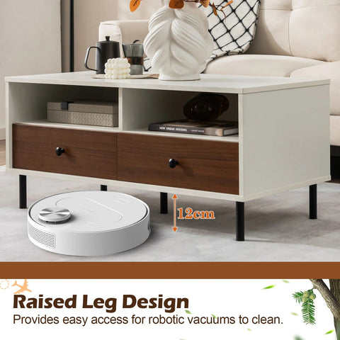 Stylish Tea Table with Sturdy Metal Legs and Ample Storage in White