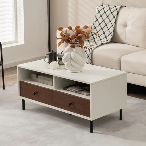 Stylish Tea Table with Sturdy Metal Legs and Ample Storage in White