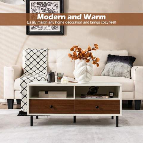 Stylish Tea Table with Sturdy Metal Legs and Ample Storage in White