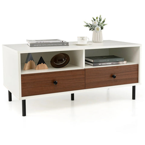 Stylish Tea Table with Sturdy Metal Legs and Ample Storage in White