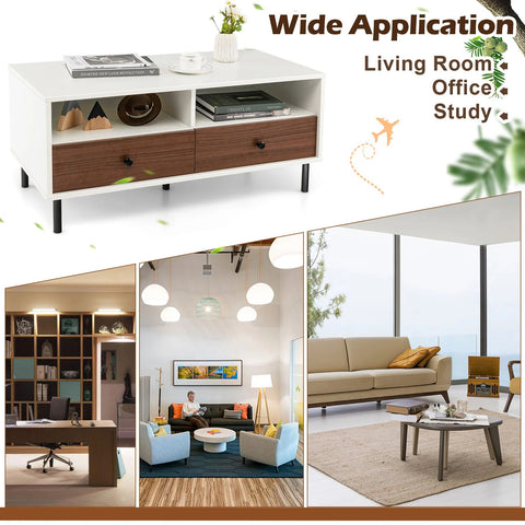 Stylish Tea Table with Sturdy Metal Legs and Ample Storage in White