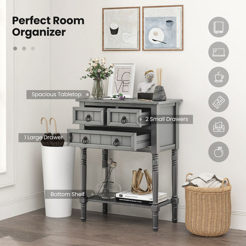 Rustic Entryway Console Table with Drawers and Storage Shelf in Dark Grey