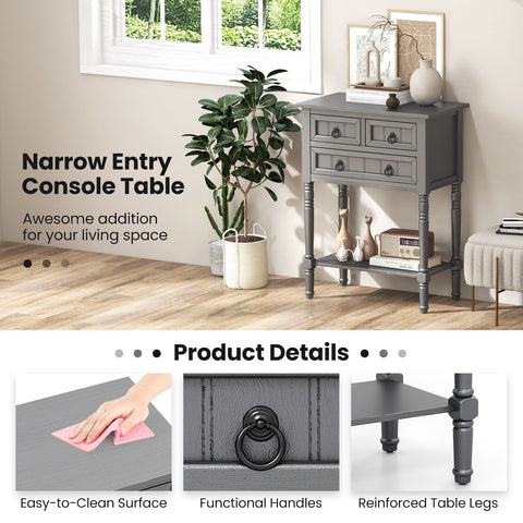 Rustic Entryway Console Table with Drawers and Storage Shelf in Dark Grey