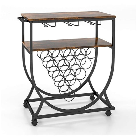Rustic Movable Wine Rack Bar Cart with Rack in Industrial Rustic Brown