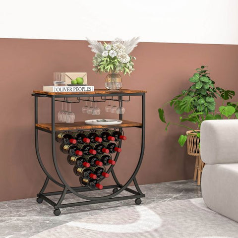 Rustic Movable Wine Rack Bar Cart with Rack in Industrial Rustic Brown