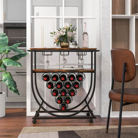 Rustic Movable Wine Rack Bar Cart with Rack in Industrial Rustic Brown