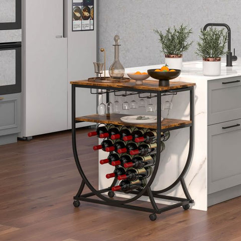 Rustic Movable Wine Rack Bar Cart with Rack in Industrial Rustic Brown