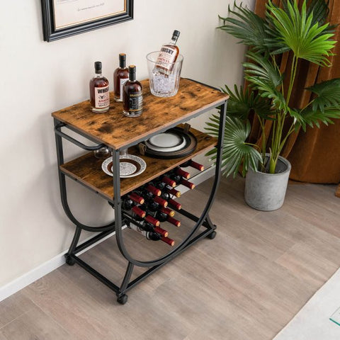 Rustic Movable Wine Rack Bar Cart with Rack in Industrial Rustic Brown