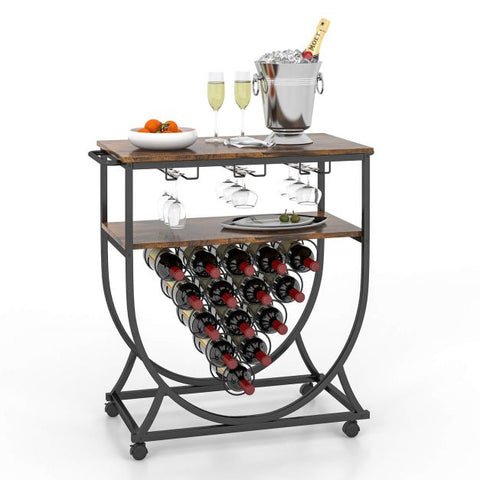 Rustic Movable Wine Rack Bar Cart with Rack in Industrial Rustic Brown