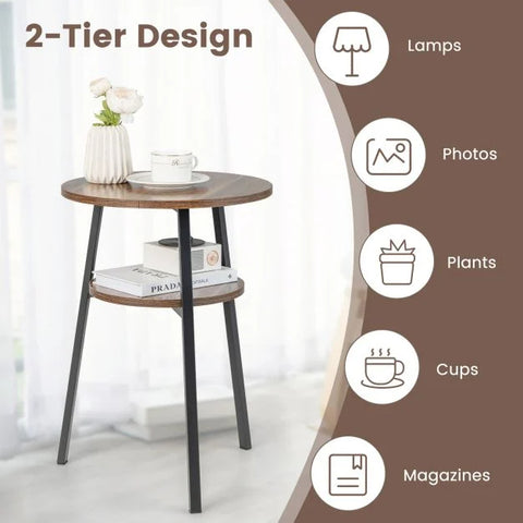 Elegant and Compact Round Side Table with Metal Frame and 2 Tier Storage