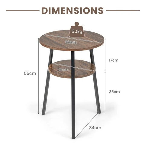 Elegant and Compact Round Side Table with Metal Frame and 2 Tier Storage