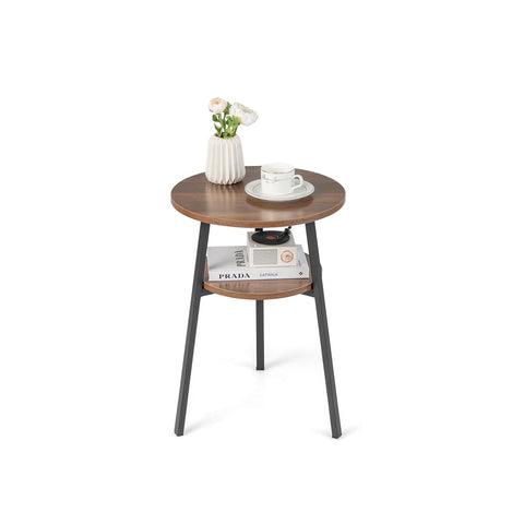 Elegant and Compact Round Side Table with Metal Frame and 2 Tier Storage