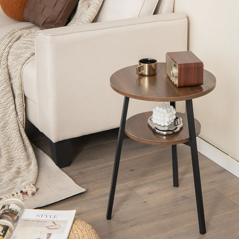 Elegant and Compact Round Side Table with Metal Frame and 2 Tier Storage