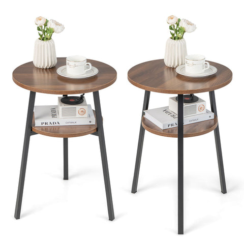 Elegant and Compact Round Side Table with Metal Frame and 2 Tier Storage