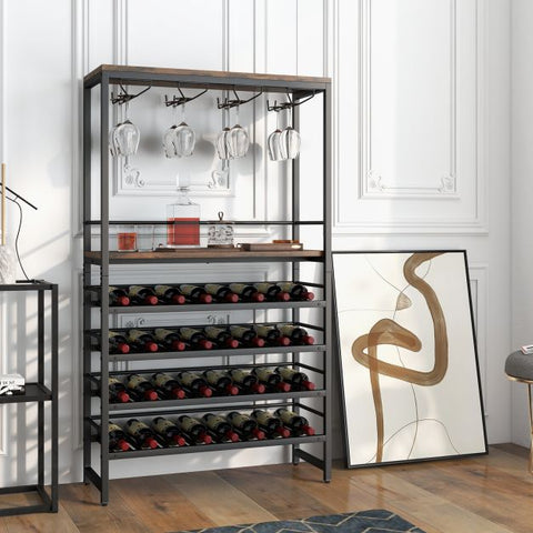Stylish and Spacious Wine and Glass Rack with 4 Storage Tiers and Rustic Design
