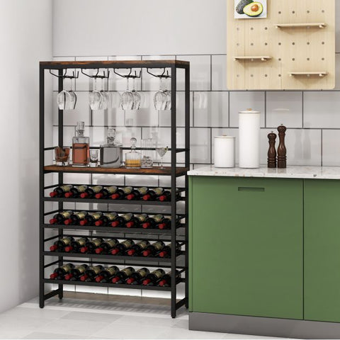 Stylish and Spacious Wine and Glass Rack with 4 Storage Tiers and Rustic Design