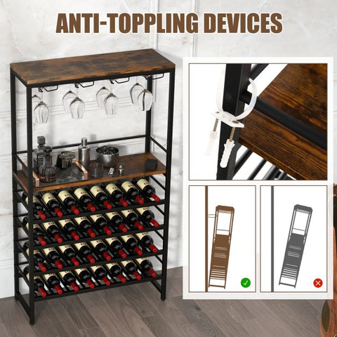 Stylish and Spacious Wine and Glass Rack with 4 Storage Tiers and Rustic Design
