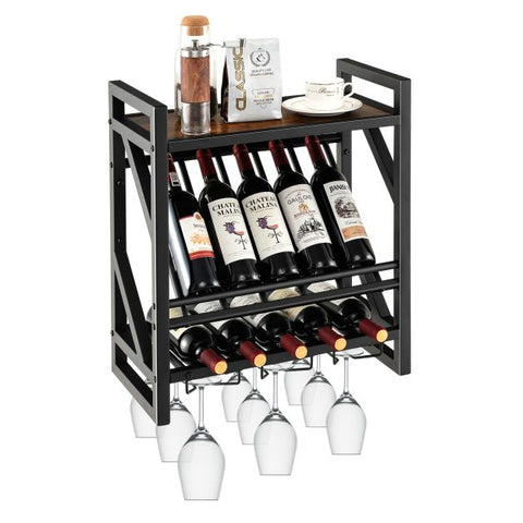 Wall Mounted Wine Rack with 2-Tier Rack and 3 Rows of Stemware Holder