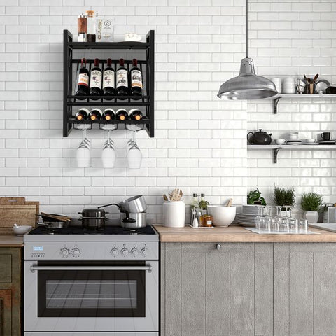 Wall Mounted Wine Rack with 2-Tier Rack and 3 Rows of Stemware Holder