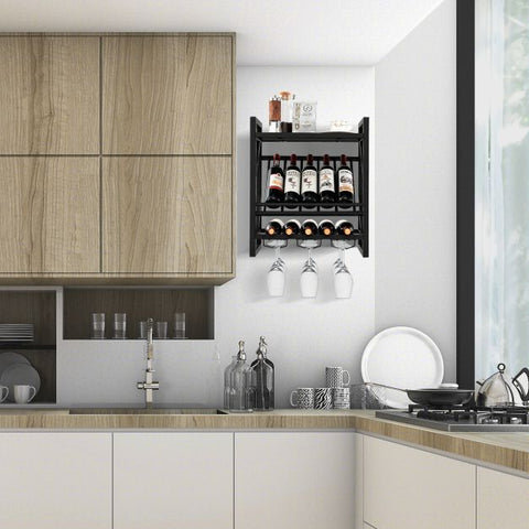 Wall Mounted Wine Rack with 2-Tier Rack and 3 Rows of Stemware Holder