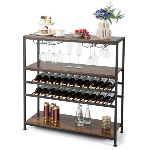 Industrial style Wine and Glass Holder Cabinet with 5 Storage Tiers in Rustic Brown