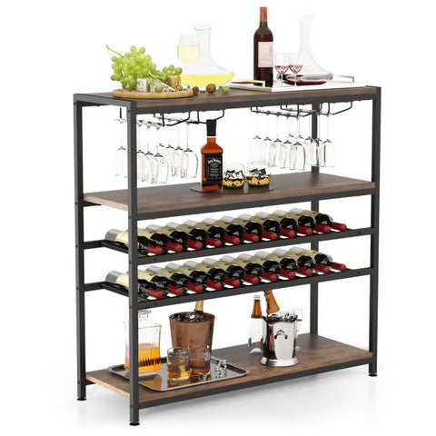 Industrial style Wine and Glass Holder Cabinet with 5 Storage Tiers in Rustic Brown