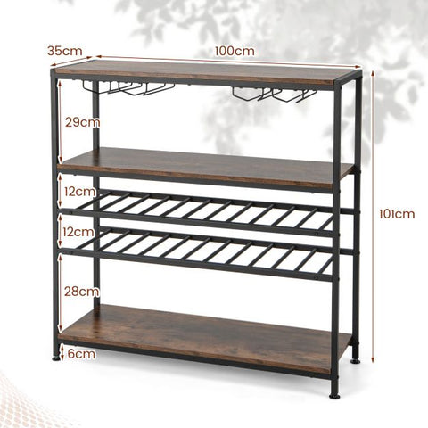 Industrial style Wine and Glass Holder Cabinet with 5 Storage Tiers in Rustic Brown