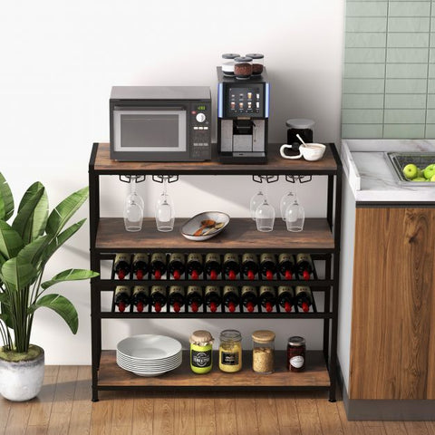 Industrial style Wine and Glass Holder Cabinet with 5 Storage Tiers in Rustic Brown