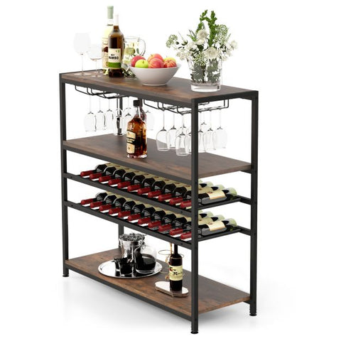 Industrial style Wine and Glass Holder Cabinet with 5 Storage Tiers in Rustic Brown
