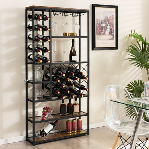 Stylish and Spacious Wine and Glass Rack with Stable Metal Frame and Rustic Design