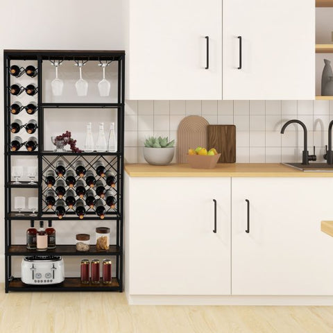 Stylish and Spacious Wine and Glass Rack with Stable Metal Frame and Rustic Design
