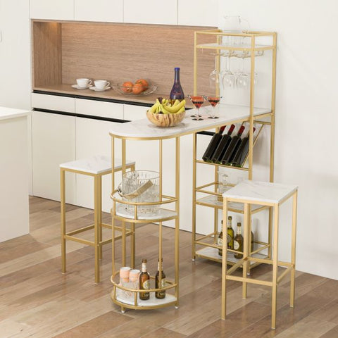Champagne Home Bar Sets with Wine Rack, Glass Holder and Shelves in Marble White and Gold