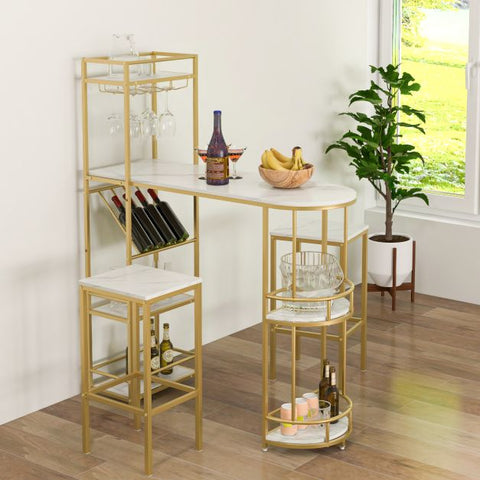 Champagne Home Bar Sets with Wine Rack, Glass Holder and Shelves in Marble White and Gold