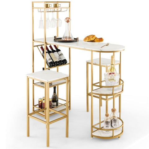 Champagne Home Bar Sets with Wine Rack, Glass Holder and Shelves in Marble White and Gold