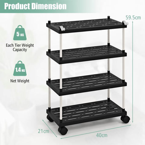 Creative Design Storage Cart with 4 Tiers and Lockable Wheels in Black