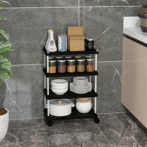 Creative Design Storage Cart with 4 Tiers and Lockable Wheels in Black